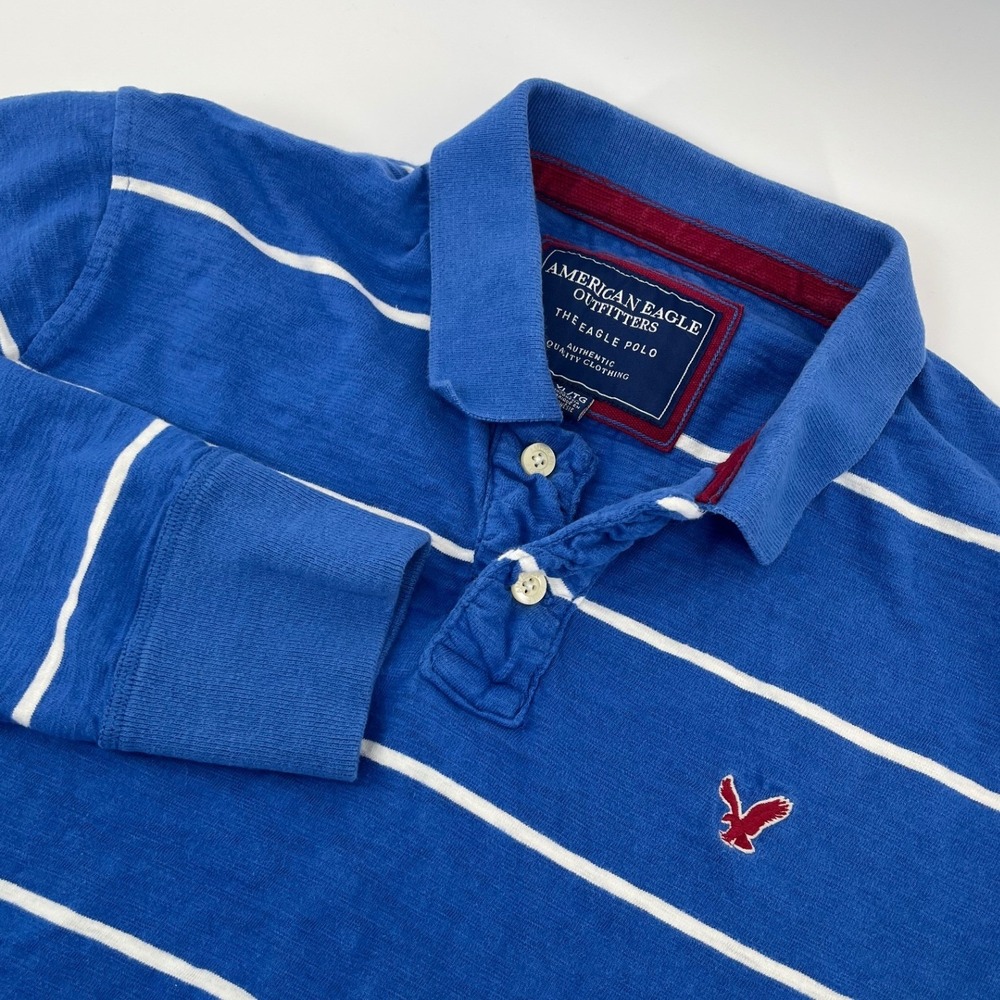 American Eagle Polo Shirt Mens XL Blue White Striped Long Sleeve Slub Jersey